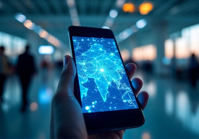 Futuristische Darstellung von KI-gesteuerter Reiseplanung auf einem Mobilgerät